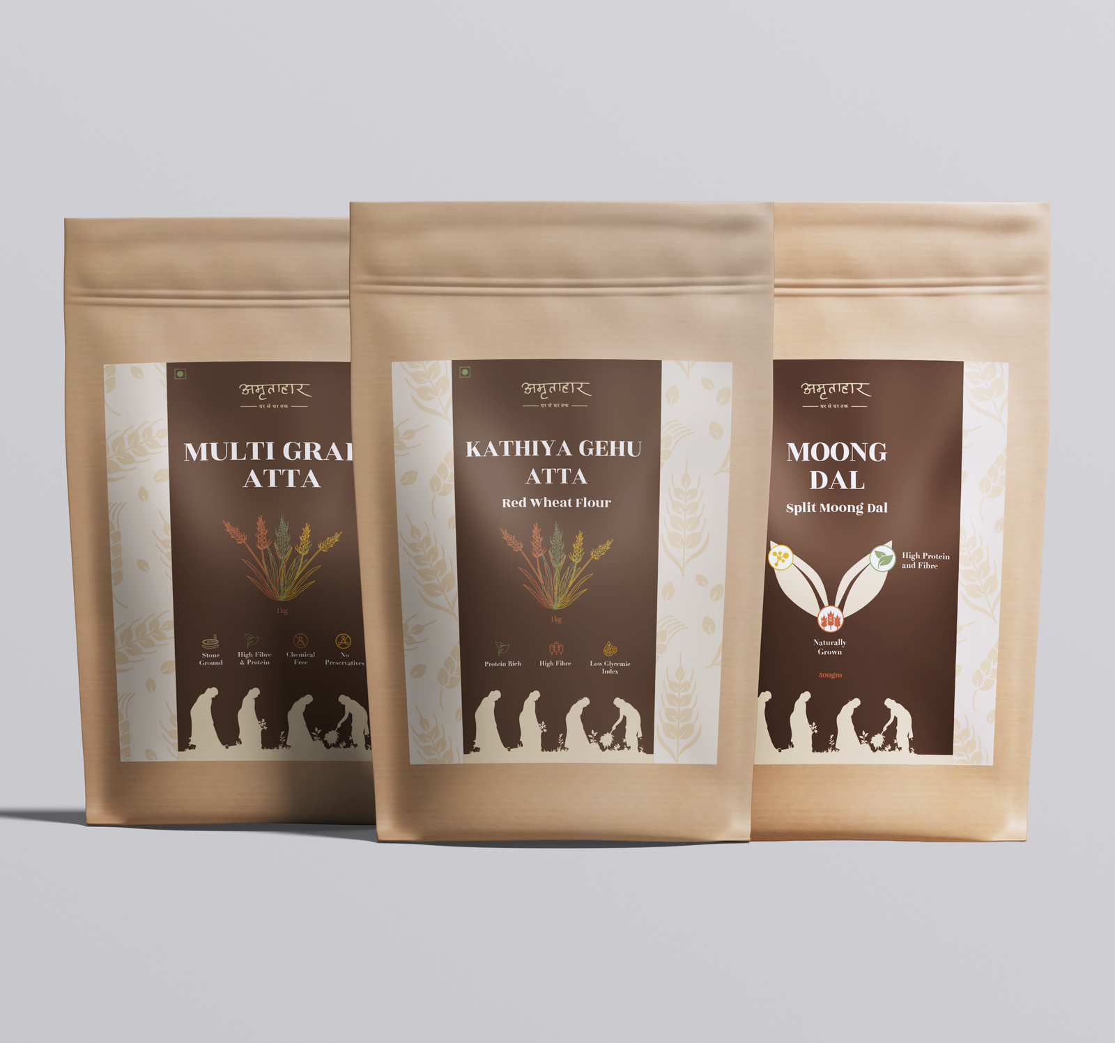 Flour & Lentils Combo - 1 kg Special Multigrain Atta, 1kg Red Wheat Flour (Kathiya Gehu Atta), and 500g Moong Dal