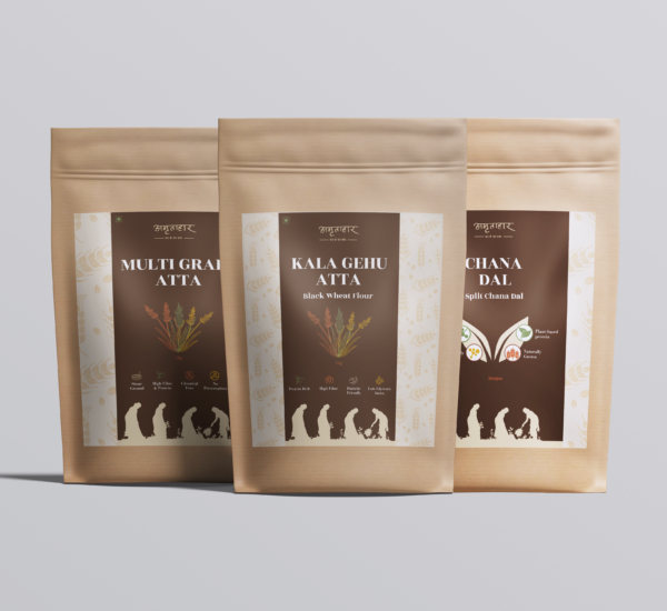 Flour & Lentils Combo - 1kg Black Wheat Flour (Kala Gehu Atta), 1kg Amratahaar Special Multigrain Atta, and 500g Chana Dal