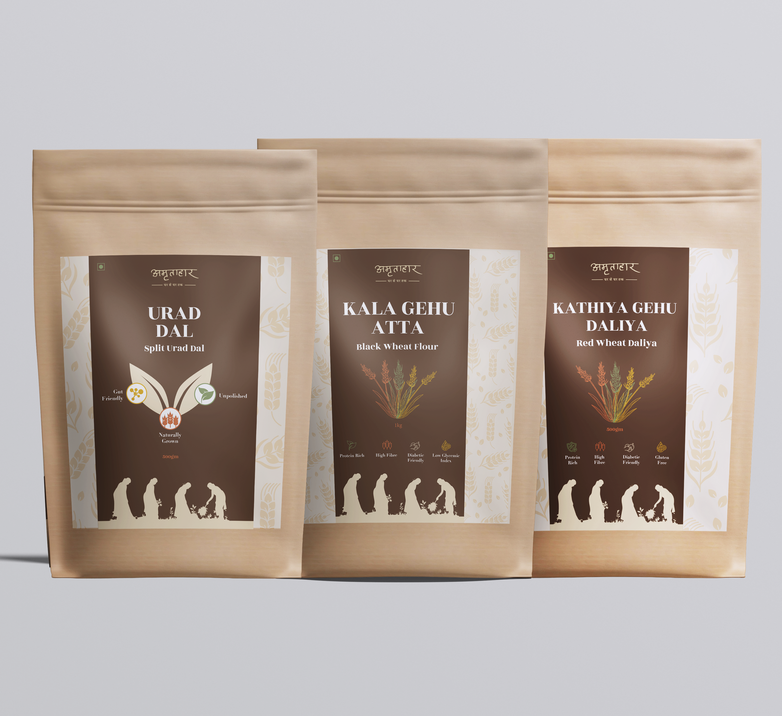 Flour & Lentils Combo - 1kg Black Wheat Flour (Kala Gehu Atta), 500g Red Wheat (Kathiya Gehu) Daliya, and 500g Urad Dal