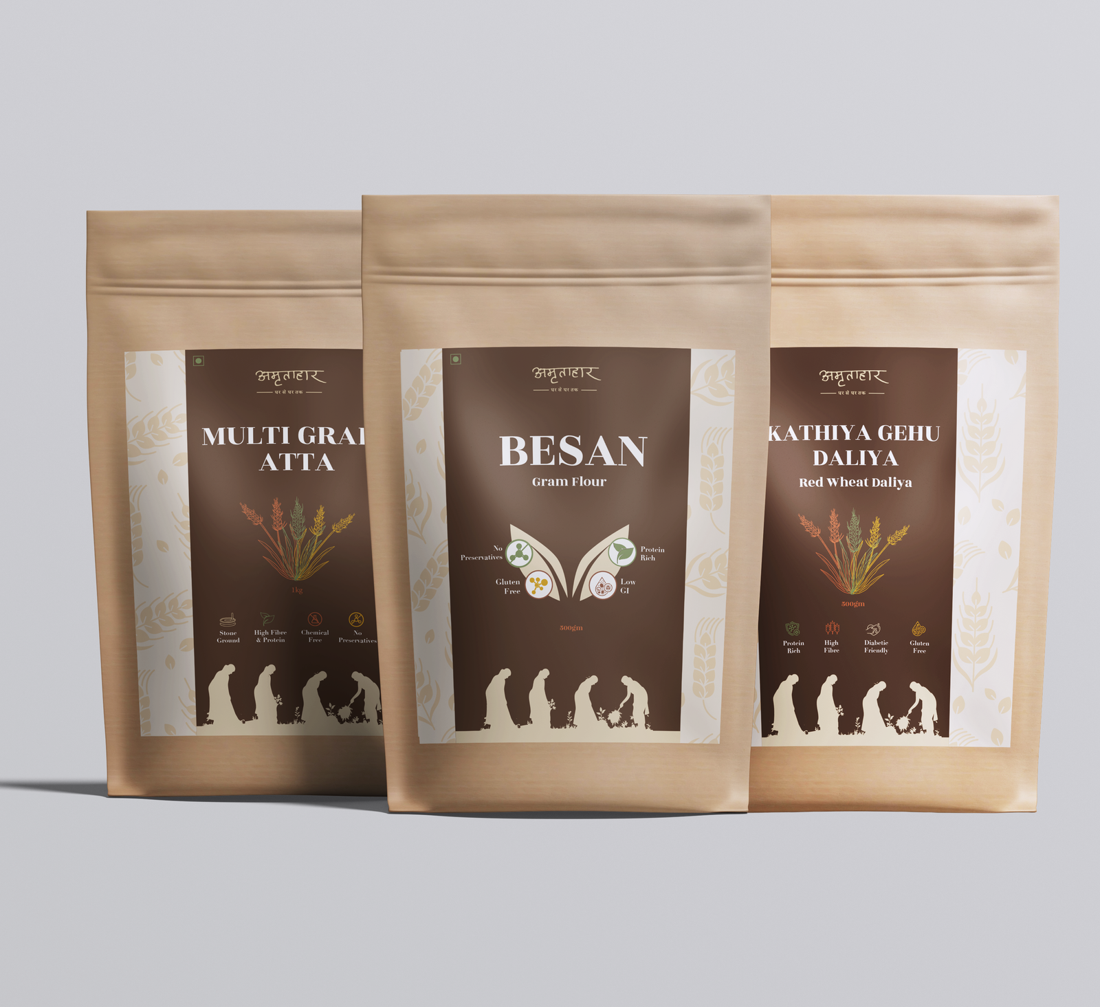 Special Combo - 1kg Amratahaar Special Multigrain Atta, 1kg Besan (Bengal Gram Flour), and 500g Red Wheat (Kathiya Gehu) Daliya