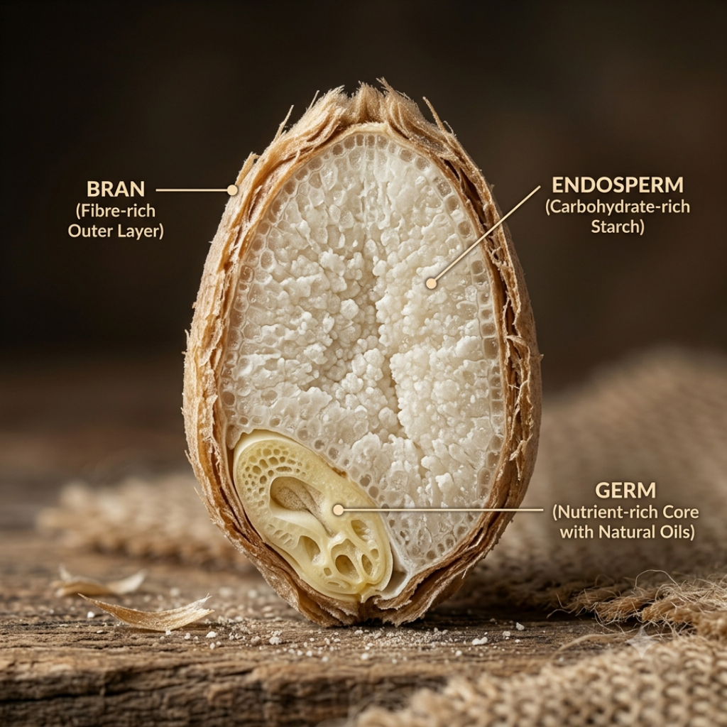 diagram of a whole wheat grain kernel showcasing the bran, endosperm and germ.