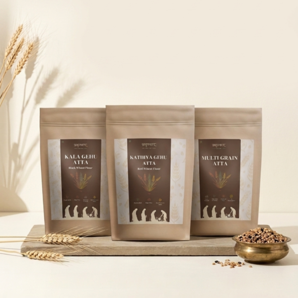 Flour Trio Combo - 1kg Special Multigrain Atta, 1kg Red Wheat Flour (Kathiya Gehu Atta), and 1kg Black Wheat Flour (Kala Gehu Atta)